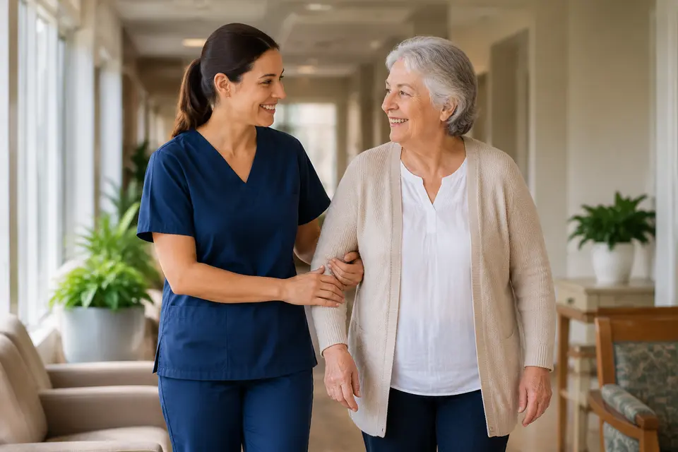 Personal care worker supporting an older person