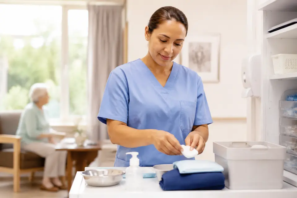 Enrolled Nurse preparing care equipment