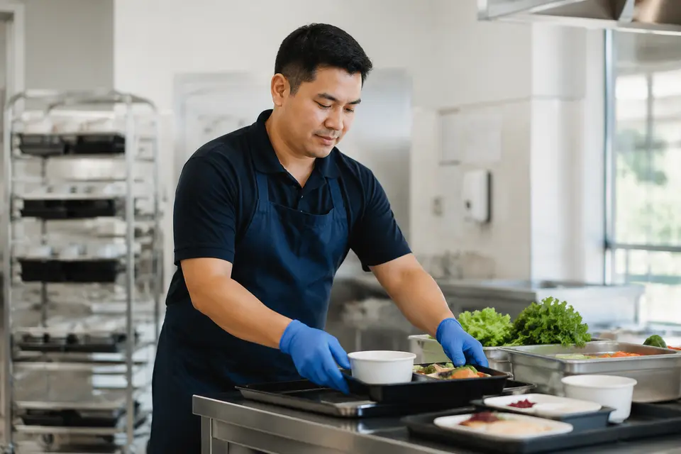 Kitchen hand organising meal trays in a facility kitchen