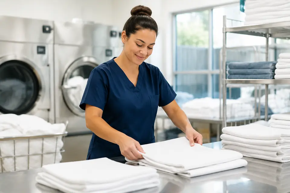 Laundry attendant folding clean facility linens
