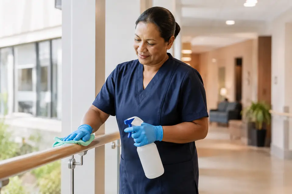 Professional cleaner disinfecting a healthcare facility